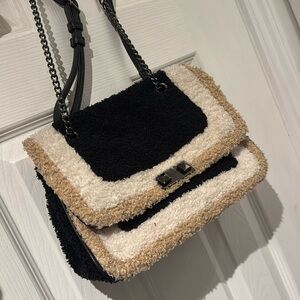 Furry Black and Tan Women's Bag with Chain Strap